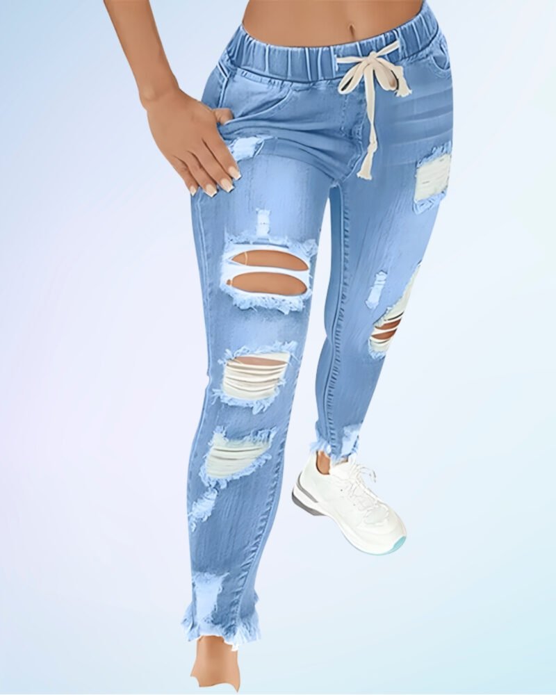 Kunmi Women High Waist Skinny Stretch Ripped Jeans Destroyed Denim Pants Plus Size - Image 5