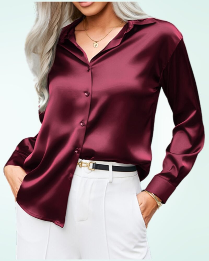 Hotouch Women Satin Silk Button Down Shirt Ladies Long Sleeve Tops V Neck - Image 4