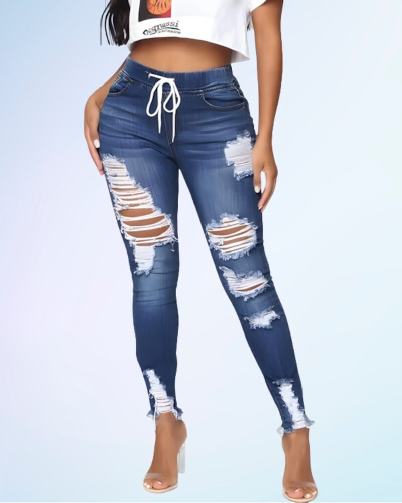 Kunmi Women High Waist Skinny Stretch Ripped Jeans Destroyed Denim Pants Plus Size