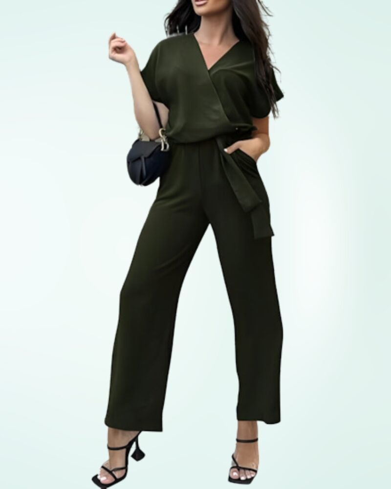 Prettygarden Women's Jumpsuit Casual Short Sleeve Wrap V Neck Belted Wide Leg Pants - Image 3