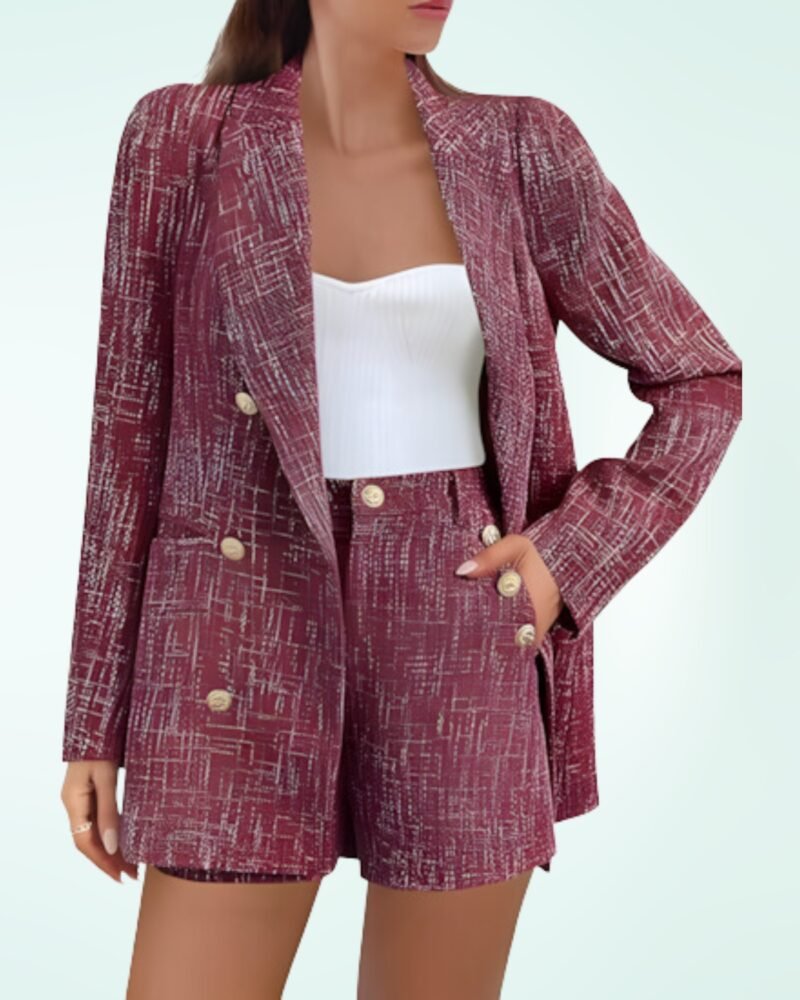 Cicy Bell Womens 2 Piece Tweed Blazer Shorts Sets Long Sleeve Double Breasted Suit Jackets Business Outfit - Image 2