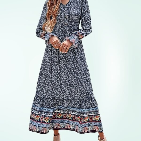 PRETTYGARDEN Long Sleeve Maxi Dress for Women V Neck Casual Button Down Boho Long Floral Dresses