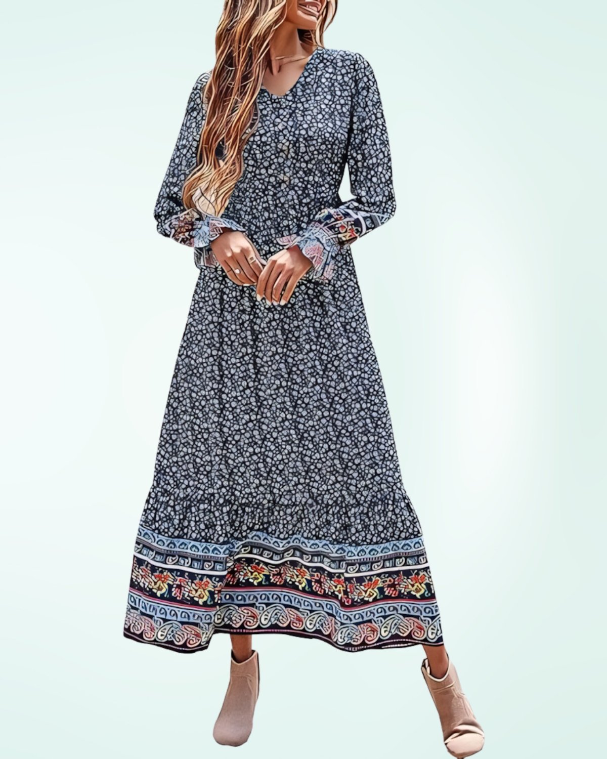 PRETTYGARDEN Long Sleeve Maxi Dress for Women V Neck Casual Button Down Boho Long Floral Dresses