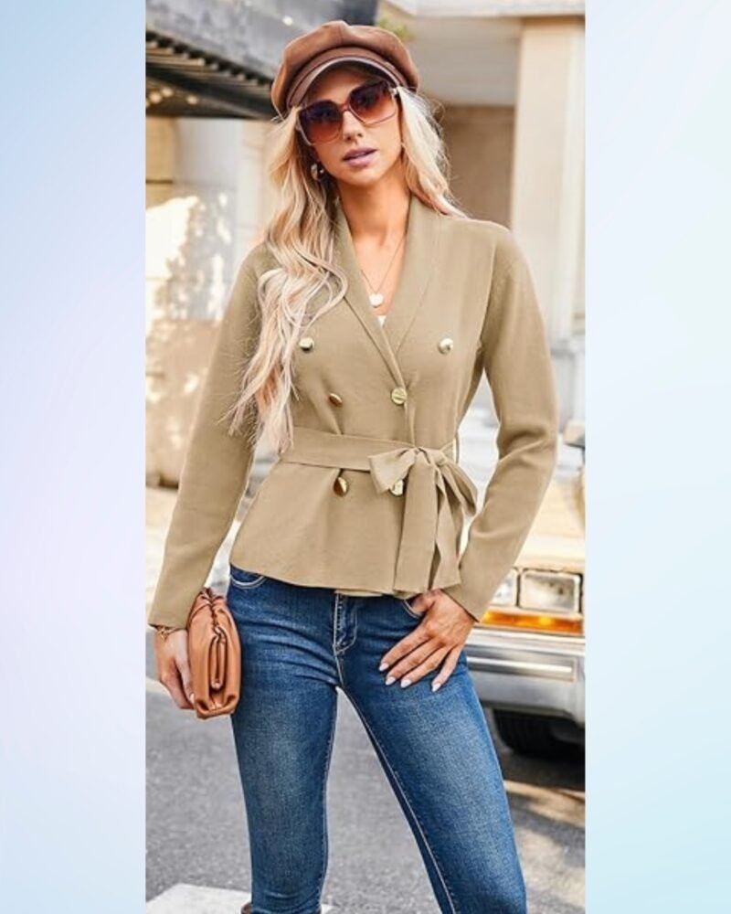 GRACE KARIN Women Long Sleeve Casual Blazer Cardigan Knit Belt Work Office Formal Jacket with Pocket - Image 2