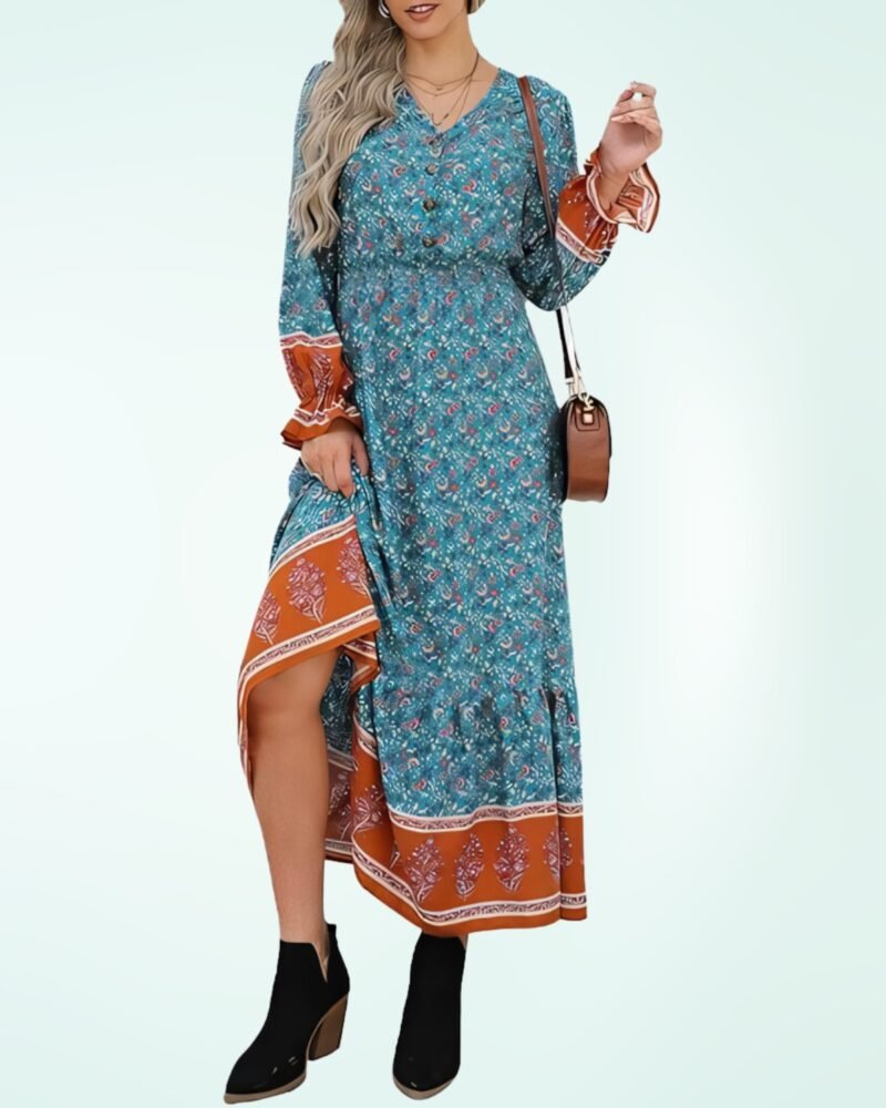 PRETTYGARDEN Long Sleeve Maxi Dress for Women V Neck Casual Button Down Boho Long Floral Dresses - Image 4