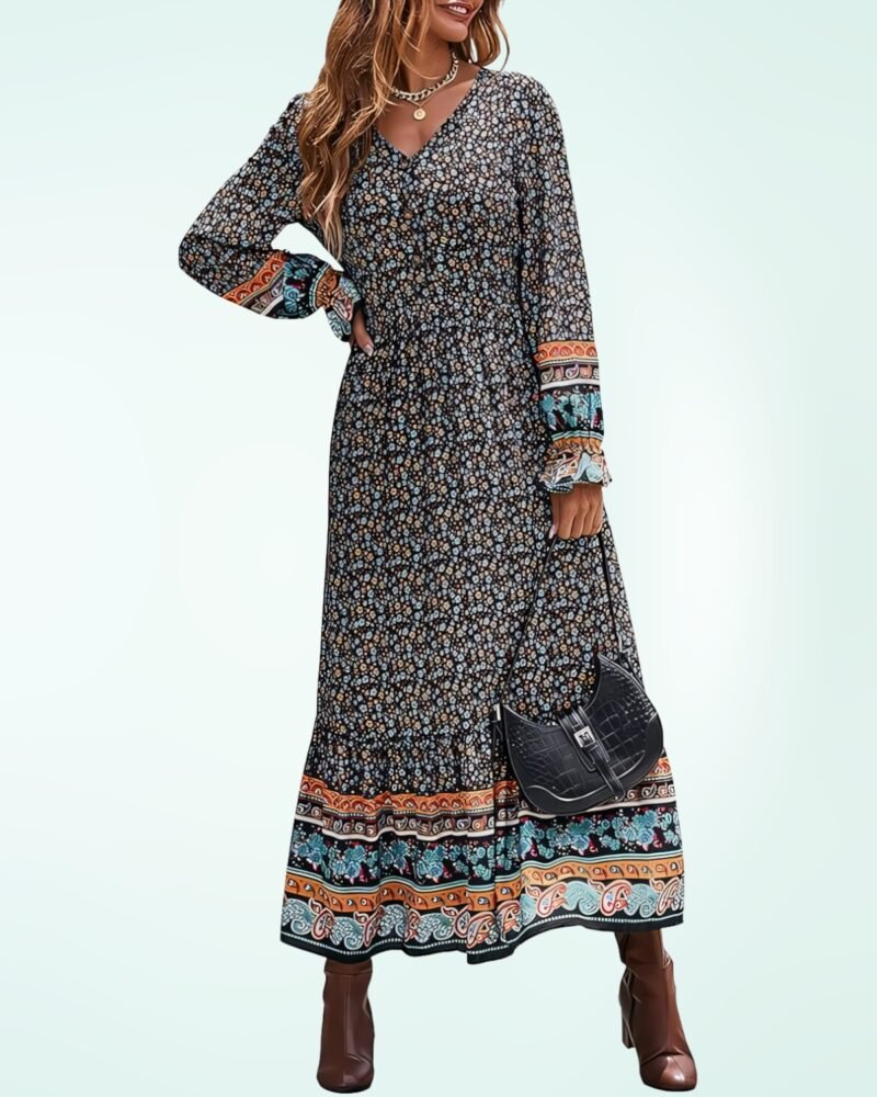 PRETTYGARDEN Long Sleeve Maxi Dress for Women V Neck Casual Button Down Boho Long Floral Dresses - Image 3