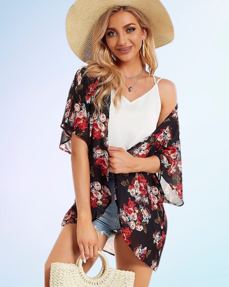 Women's Floral Print Puff Sleeve Kimono Cardigan Loose Cover Up Casual Blouse Tops - Image 3