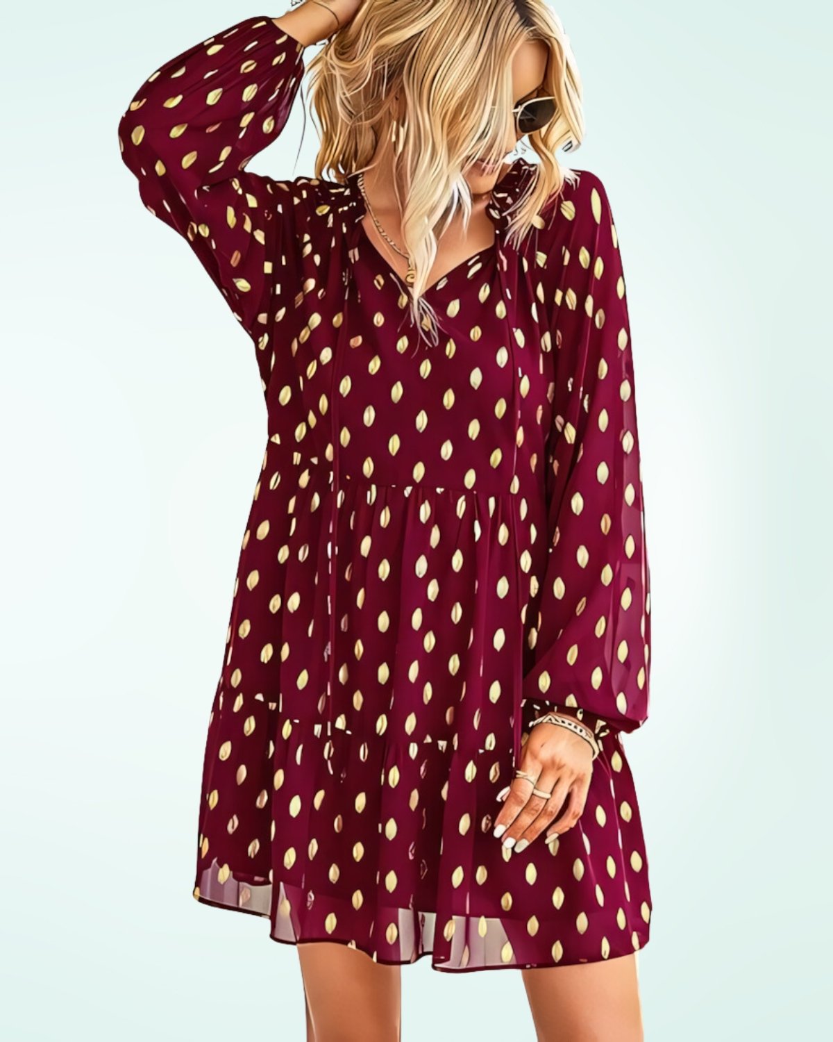 KIRUNDO Women's 2025 Fall Long Sleeve Gold Polka Dot Cute Babydoll Dress Casual V Neck Loose Tiered Flowy Mini Dress