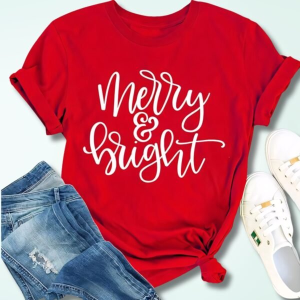 MAIHUN Christmas Shirts Womens Merry and Bright Shirt Xmas Holiday Tshirt Christmas Lights Tee Tops