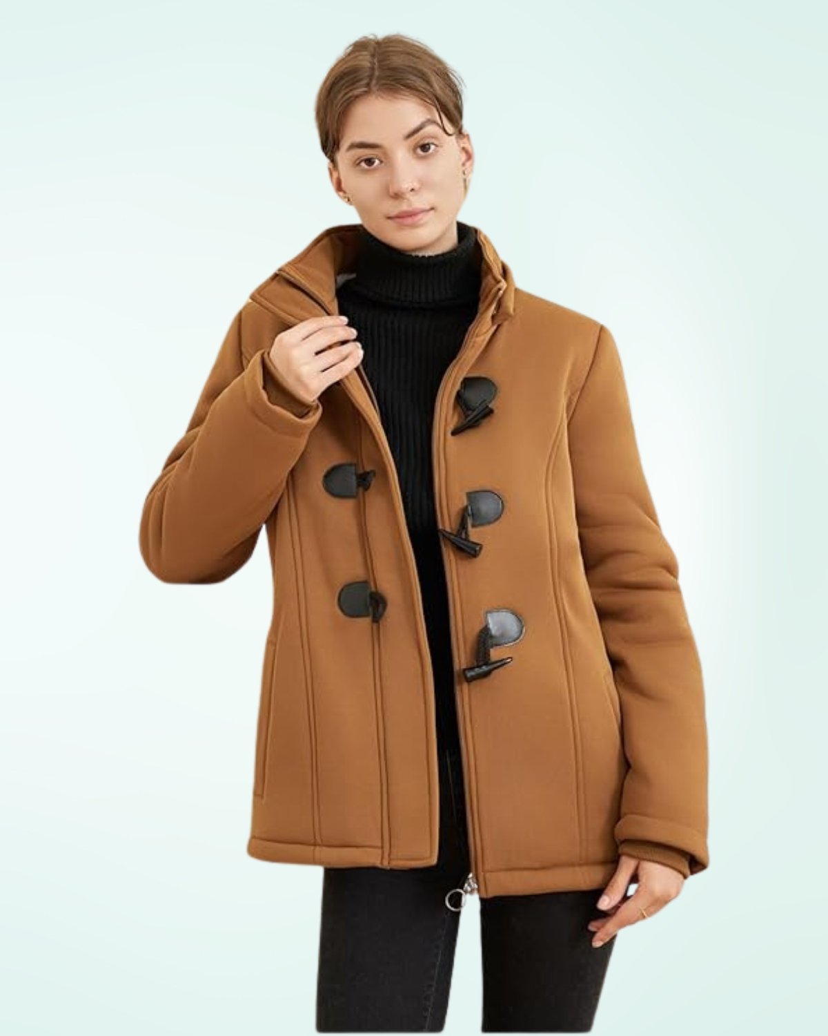 JiangWu Womens Fashion Horn Button Fleece Thicken Coat with Hood Winter Warm Jacket