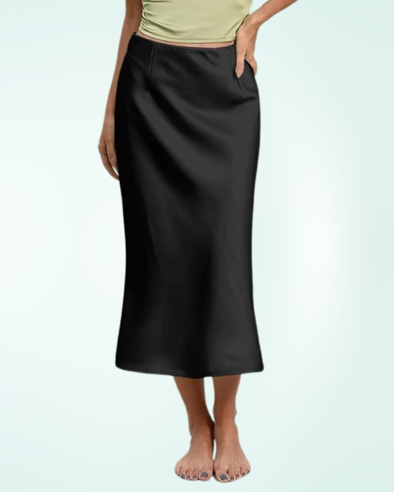 Women's Satin High Waist Hidden Elasticized Waistband Flared Casual A Line Midi Skirt - Image 4