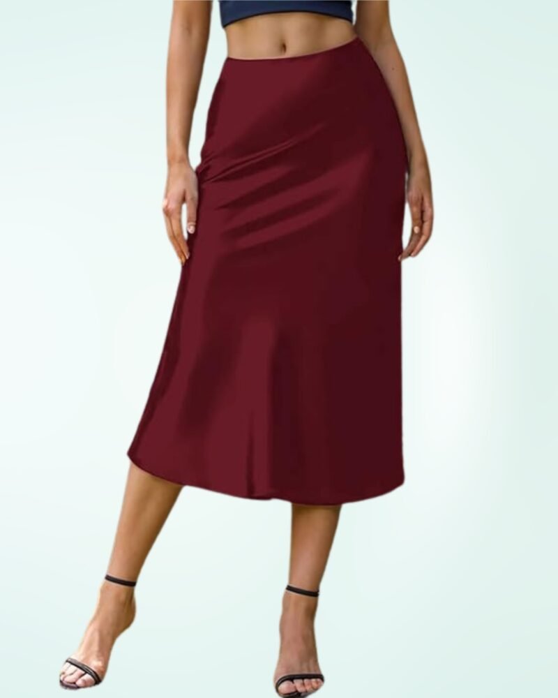 Women's Satin High Waist Hidden Elasticized Waistband Flared Casual A Line Midi Skirt - Image 3