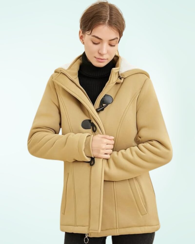 JiangWu Womens Fashion Horn Button Fleece Thicken Coat with Hood Winter Warm Jacket - Image 3