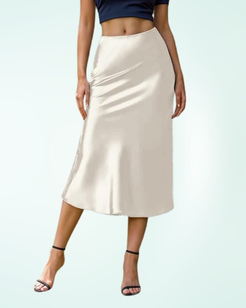 Women's Satin High Waist Hidden Elasticized Waistband Flared Casual A Line Midi Skirt - Image 2